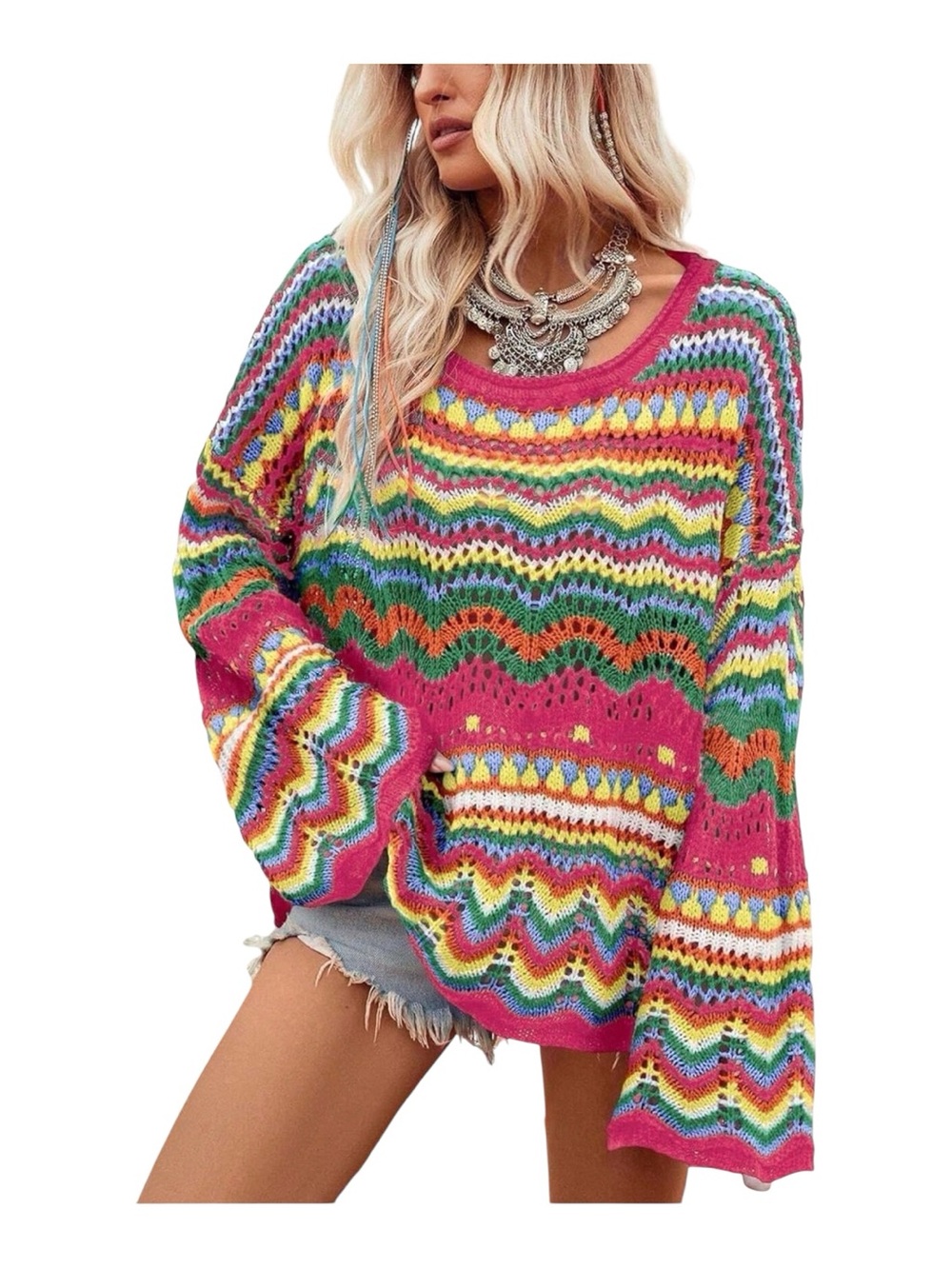 Crochet Knit Bell-Sleeve Sweater - Pink Chevron & Rainbow - Oversized - Picture 3 of 10